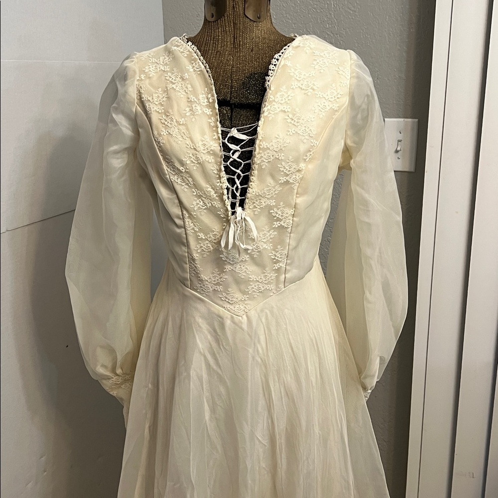 HANDMADE VINTAGE LONG LACE-UP  COTTAGECORE BOHO WEDDING GOWN 60’s/70’s - Picture 6 of 17
